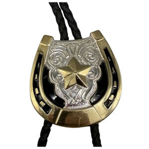 Vtg Ivan Horseshoe Star Western Brass Bolo Tie Goldtone Signed